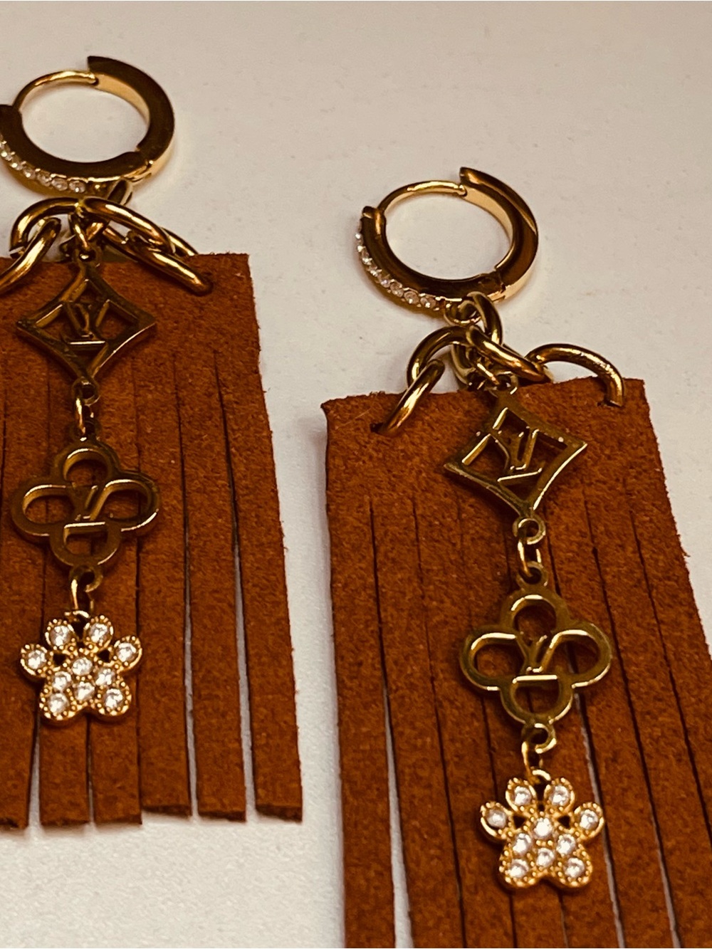 Gold & Tan Fringe Drop Earrings with Crystal Flower Charms - Picture 6 of 7